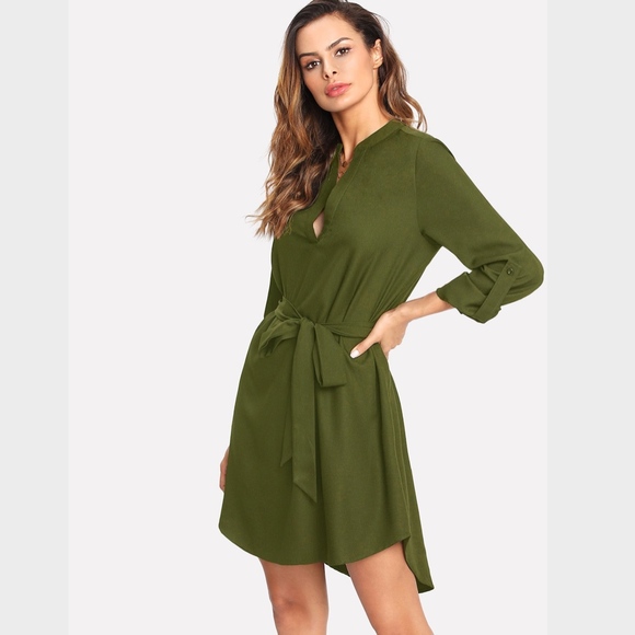 Army Green Belted Shirt Dress Asymmetric Hem - Picture 5 of 6